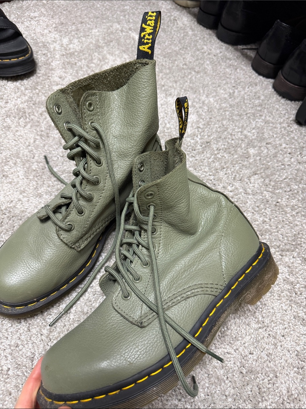 Dr. Martens Women’s Olive Green Leather Combat Boots with Yellow Stitching - Picture 2 of 2